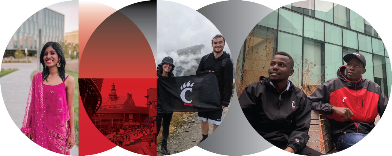 In overlapping circles, international and study abroad students are captured during their experiences at the University of Cincinnati.